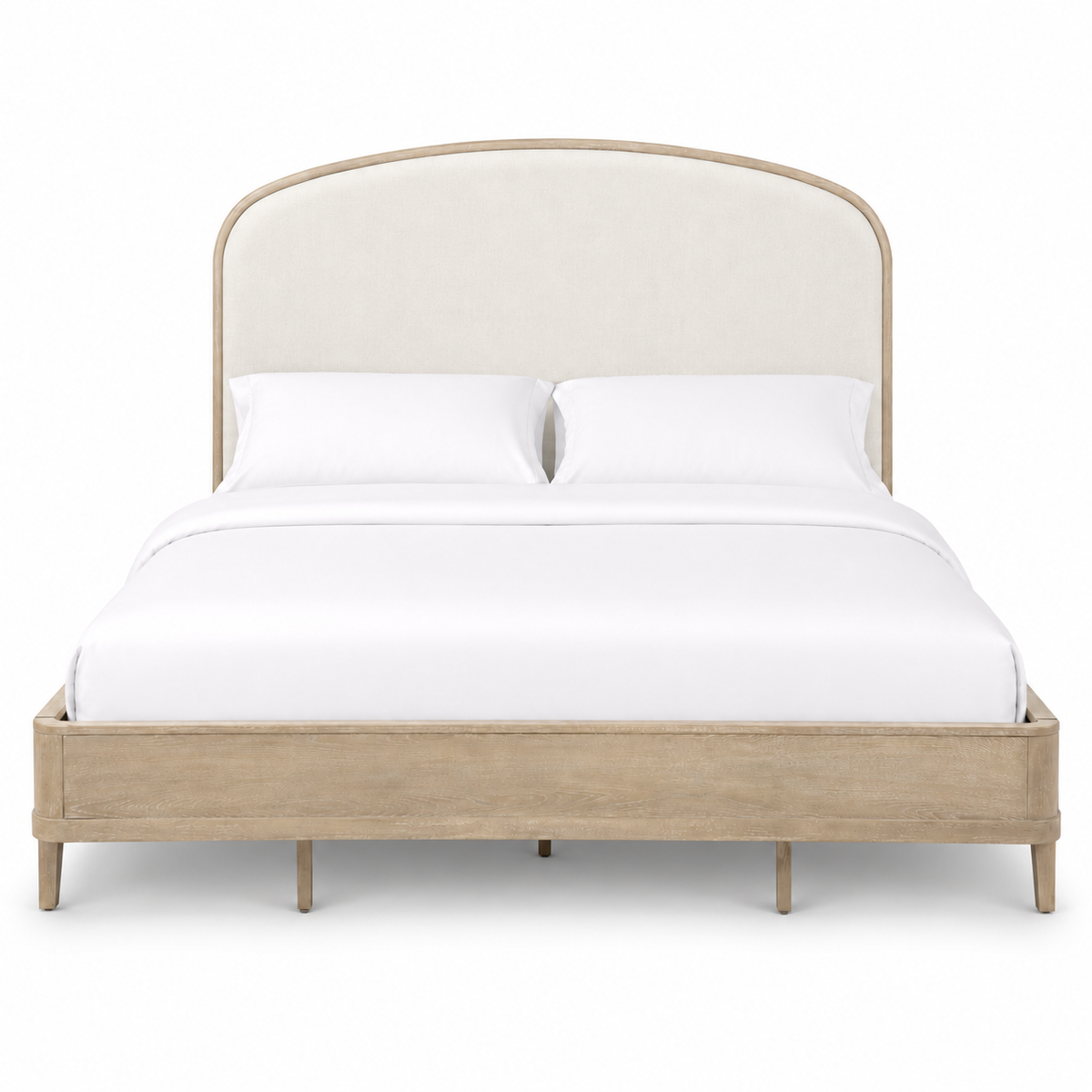 Curtains Half Drawn Bed in sandstone and cream, straight front view