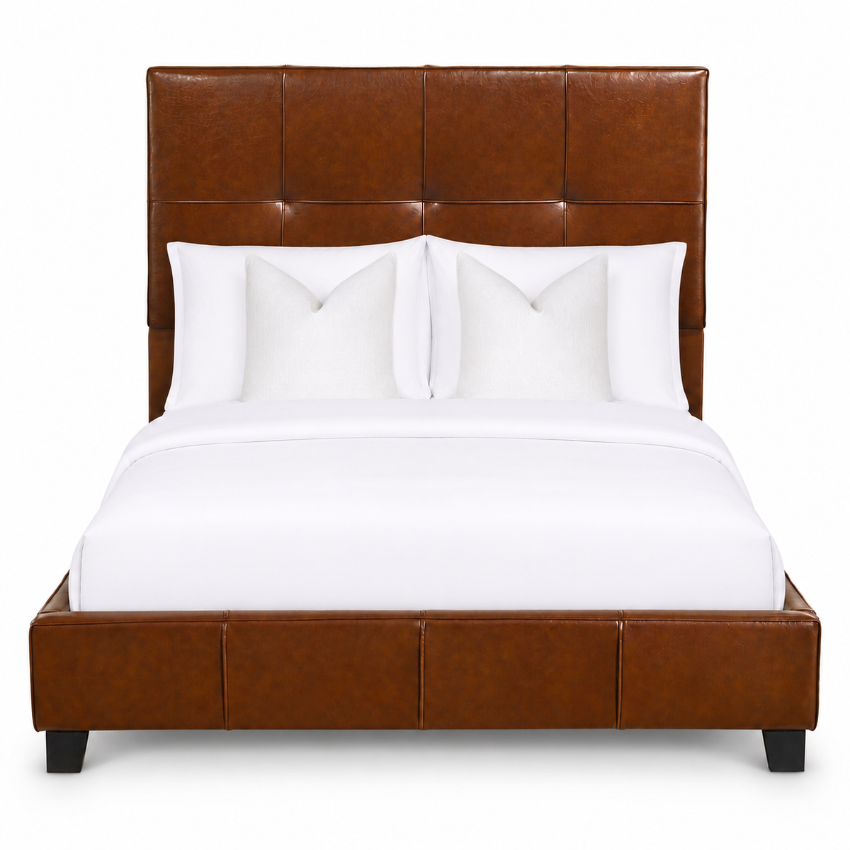 One More Chapter Bed in brown faux leather, straight front view