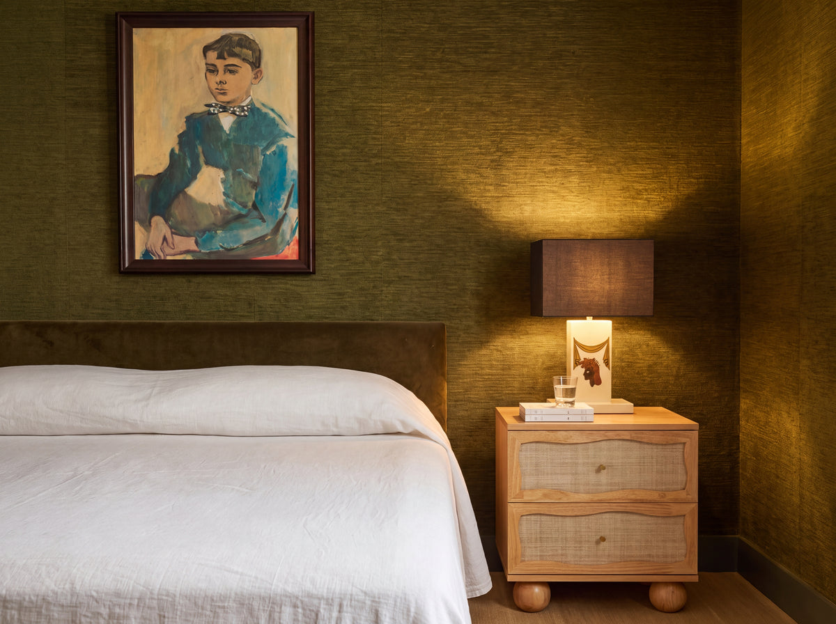 One Last Page Nightstand in Wheat, styled in-room lifestyle