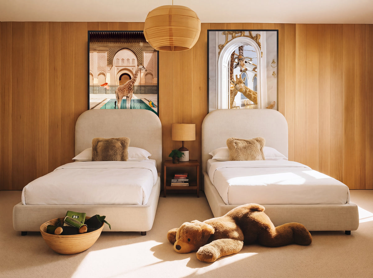 Room to Dream twin beds styled in a warm bedroom