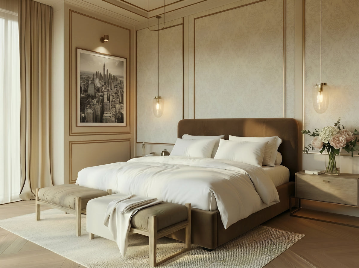Everything Put Away Bed in Roast styled in a bedroom