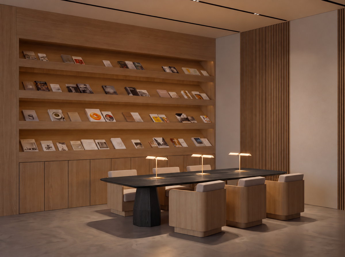 The Long Conversation Table in Midnight styled in a library room