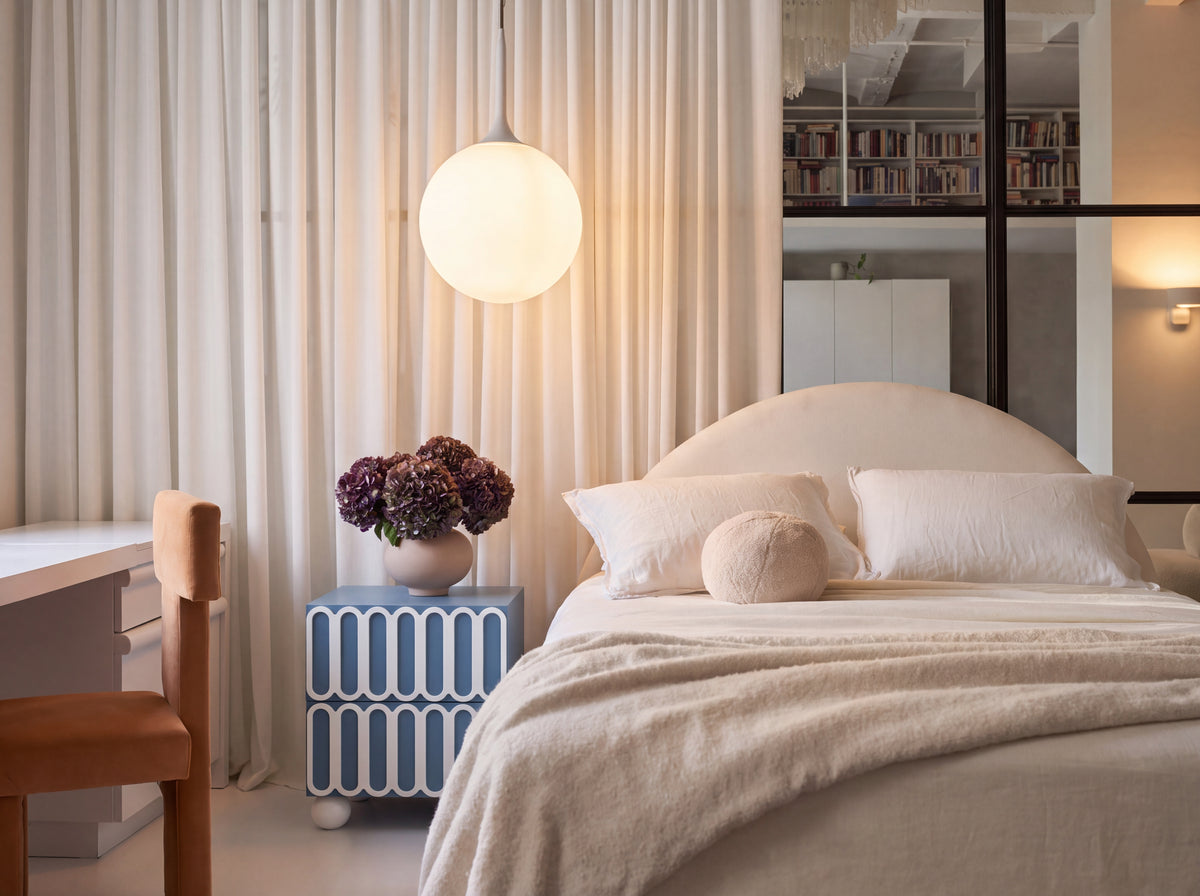 Do Not Disturb Nightstand in Overcast, styled in-room lifestyle