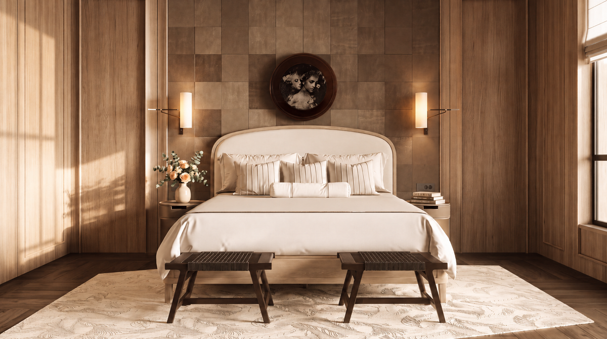 Curtains Half Drawn Bed styled in a warm bedroom