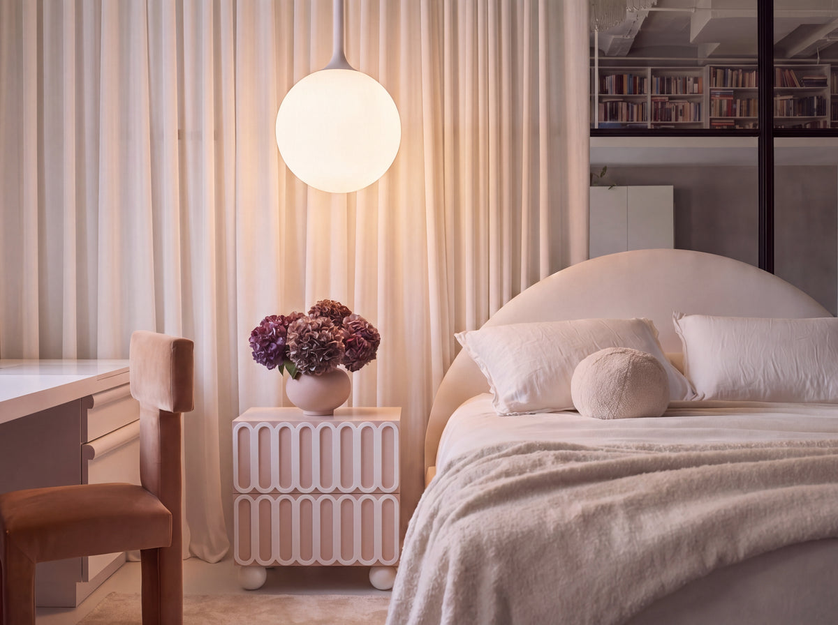 Do Not Disturb Nightstand in Blush, styled in-room lifestyle