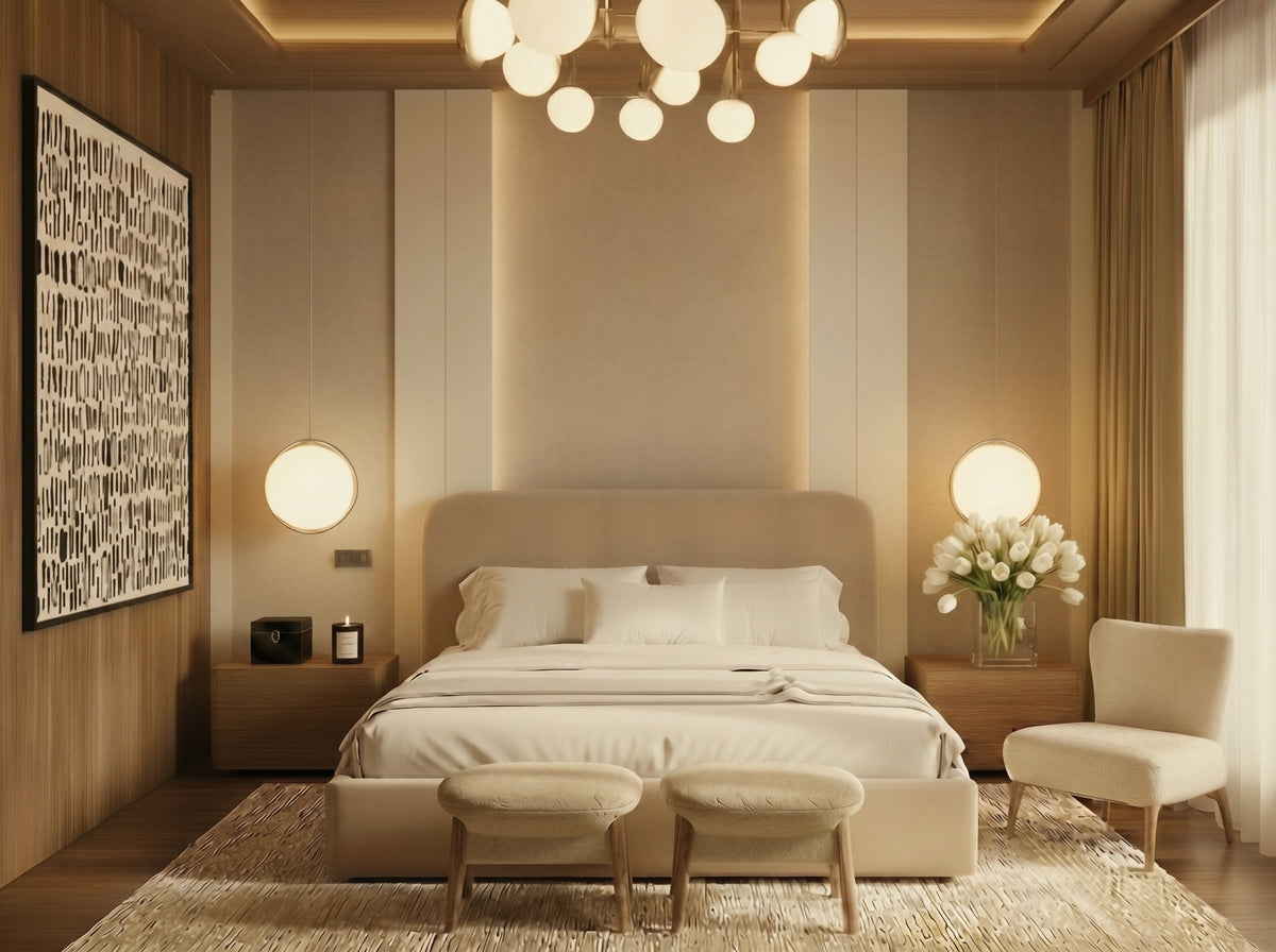 Everything Put Away Bed in Oat styled in a bedroom
