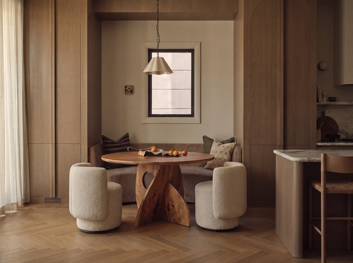 Meet in the Middle Table styled in a warm dining nook