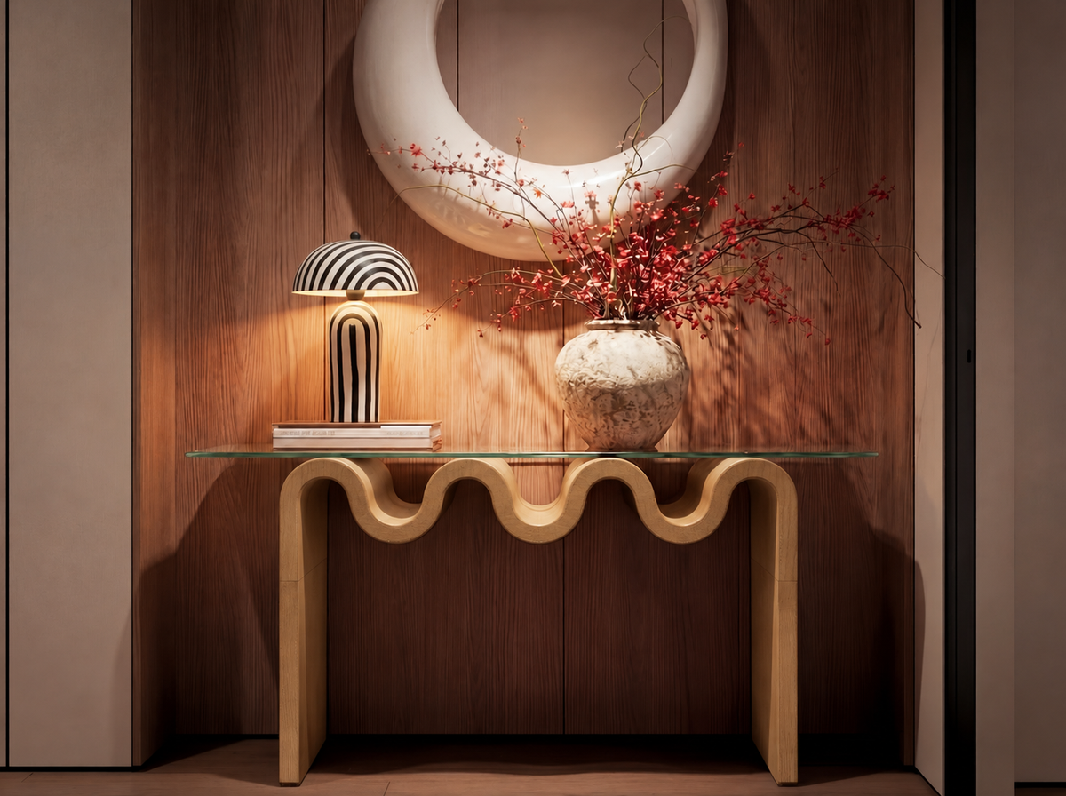 Ripple Effect Console Table in Wheat, lifestyle