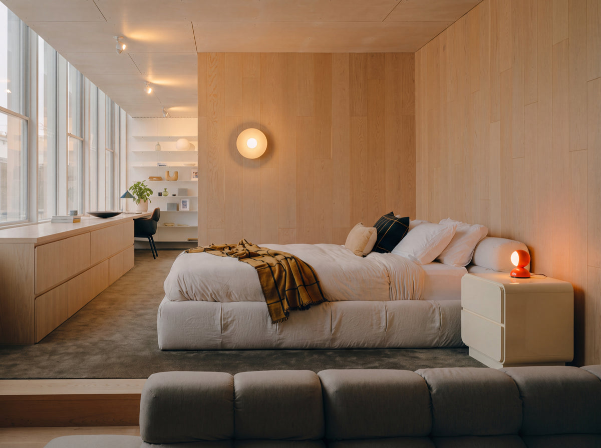 Lights Out Nightstand in Oat, styled in-room lifestyle