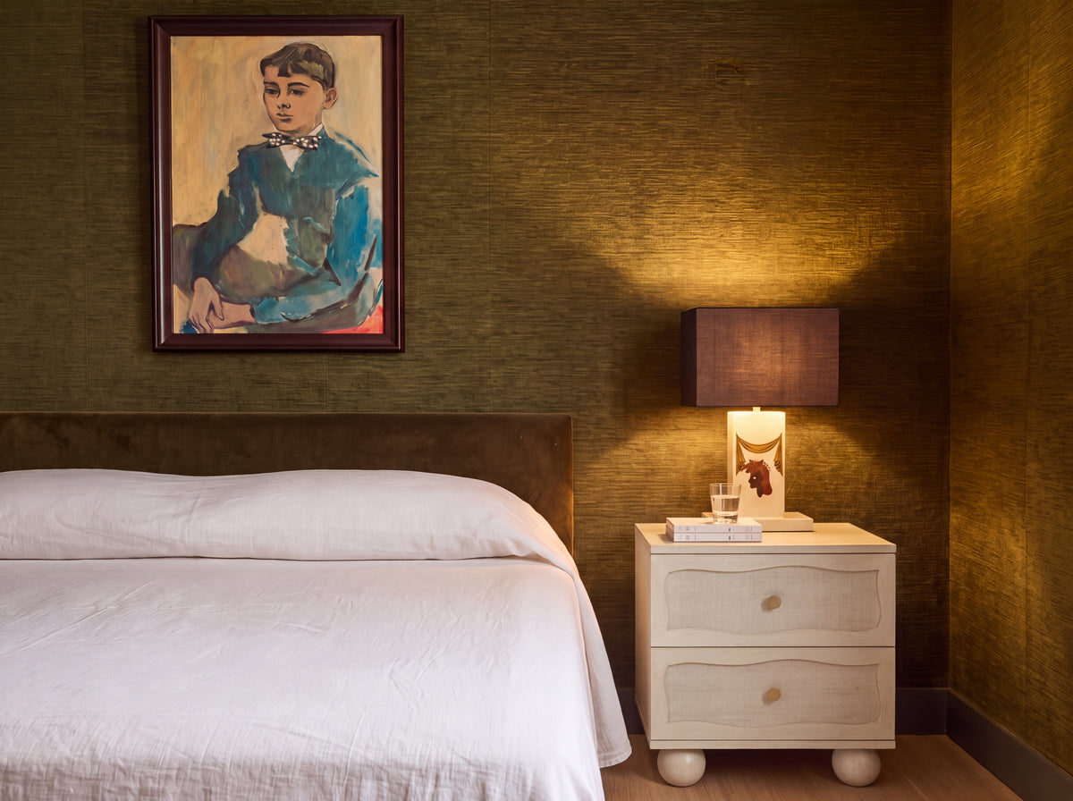 One Last Page Nightstand in Cloud, styled in-room lifestyle